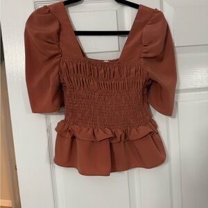 Rust Smocked Puff Sleeve Top